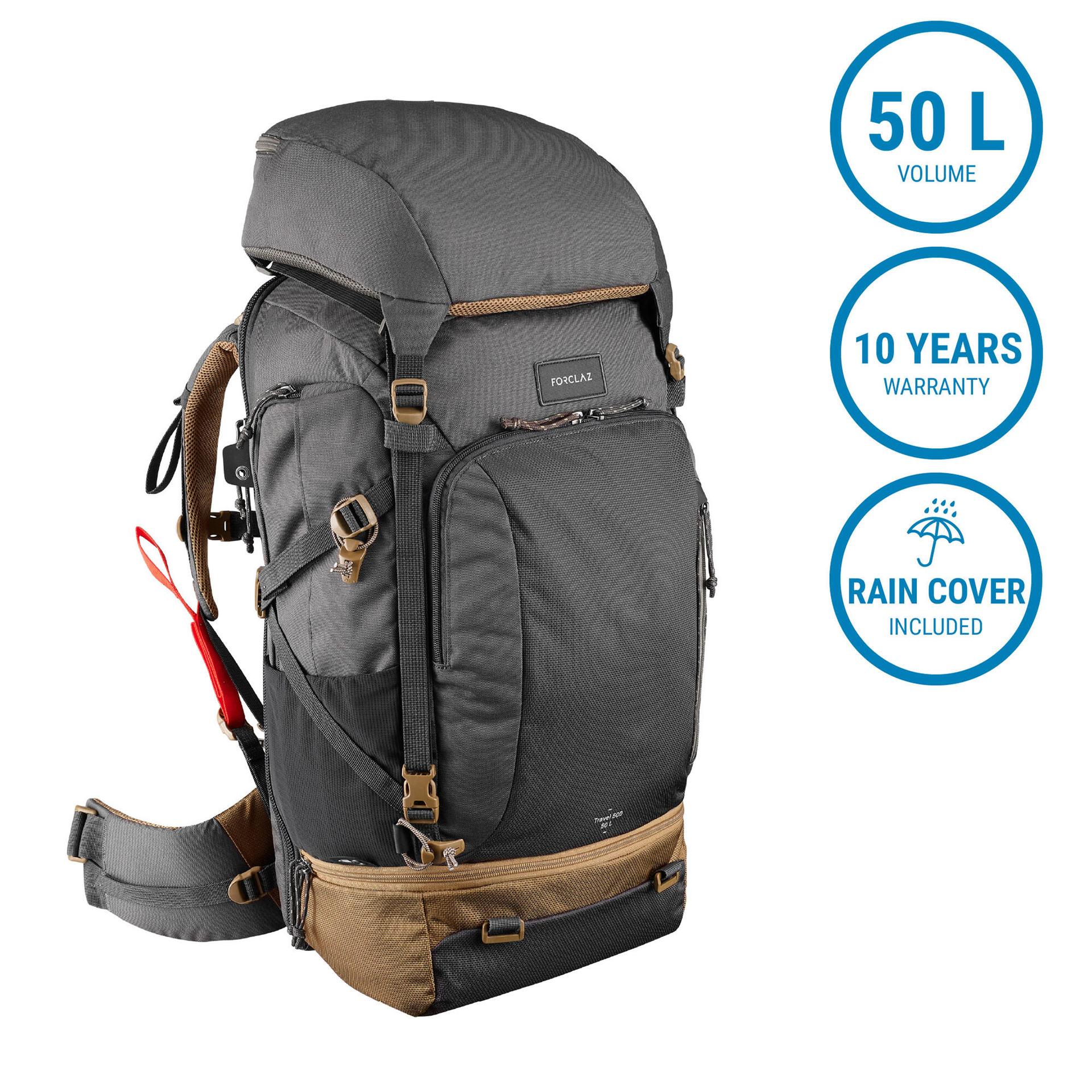 travel backpack 50 liters travel 500 grey