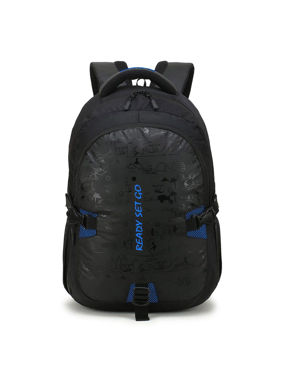travel point black & blue typography backpack with compression straps