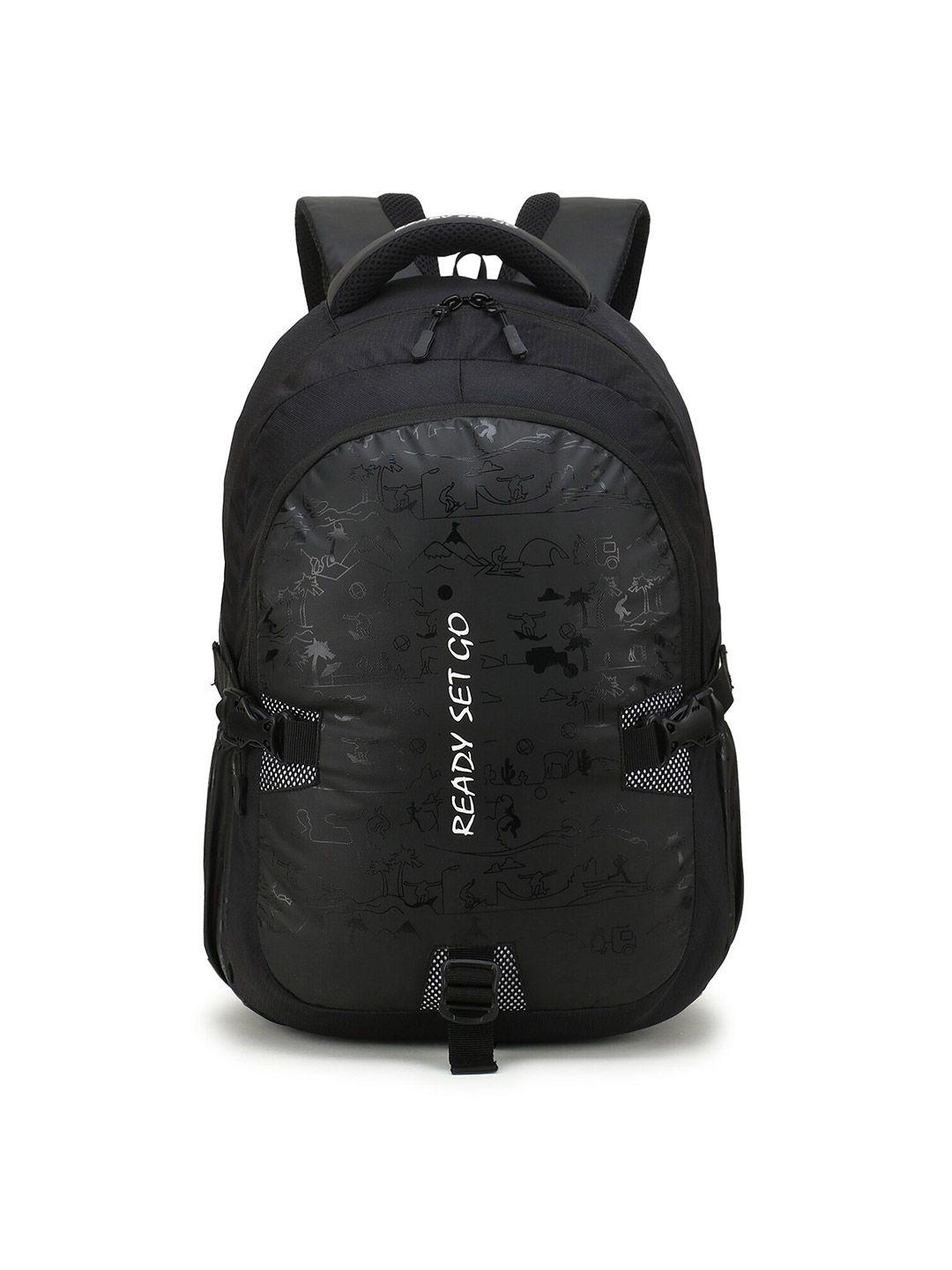travel point black & white typography backpack with compression straps