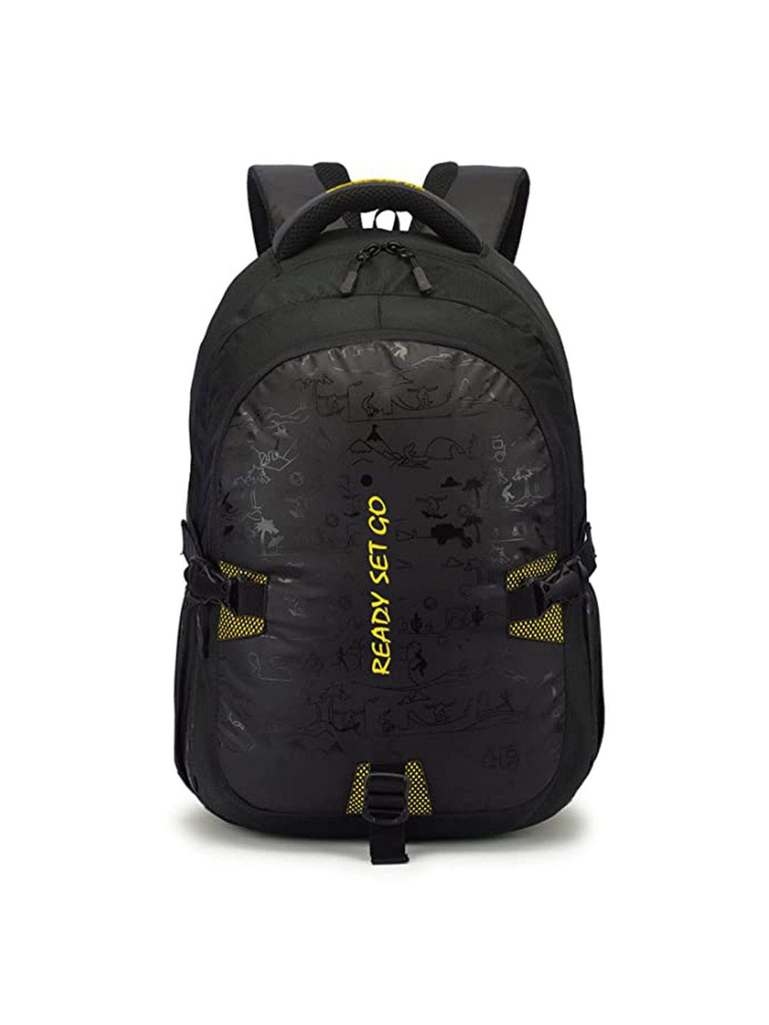 travel point black & yellow typography backpack with compression straps