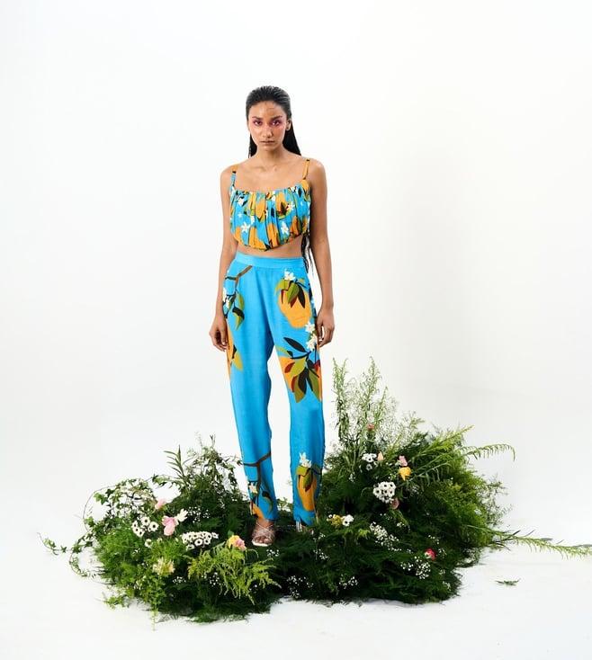 trazenie aqua blue & mustard yellow the shambhala aam people pleated corset with high waist pants