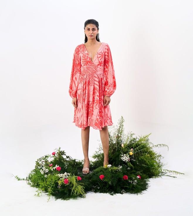 trazenie light pink the shambhala phool phal aur fauna fit and flare dress with peasant sleeves