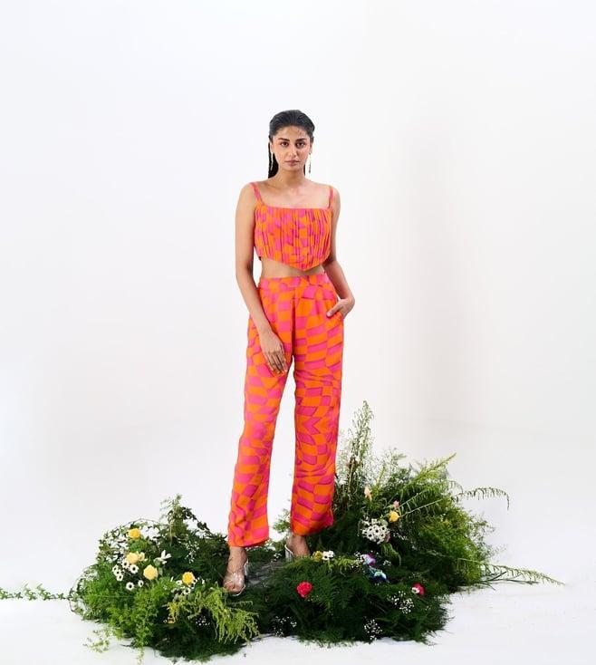 trazenie orange & pink the shambhala moh maya pleated corset with high waist pants