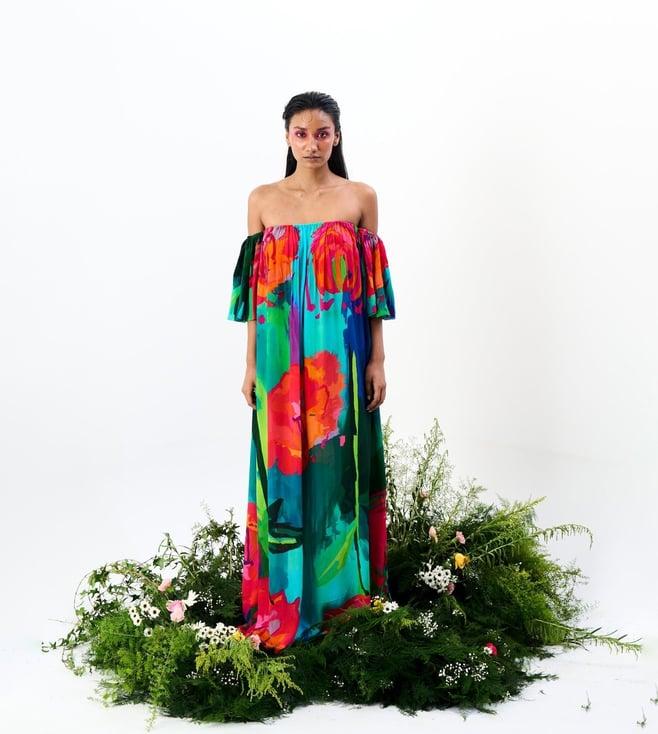 trazenie red, cyan & green the shambhala rangrez off shoulder maxi dress