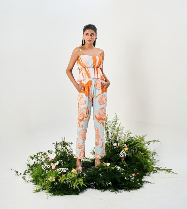 trazenie sky blue, orange & mustard the shambhala jalpari sleeveless crop top with high waist pants