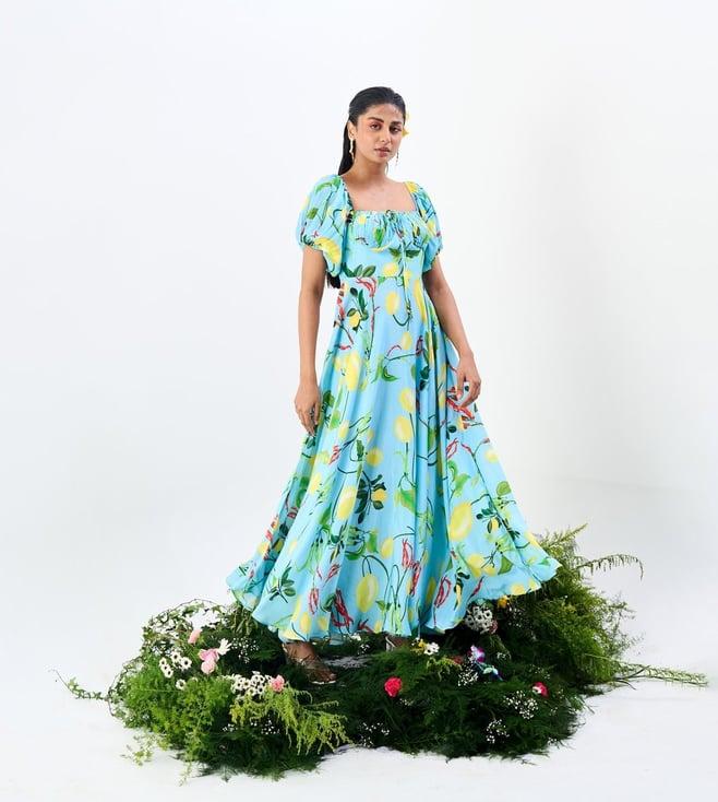 trazenie sky blue & mango the shambhala nimbu mirchi peasant dress with drawstrings