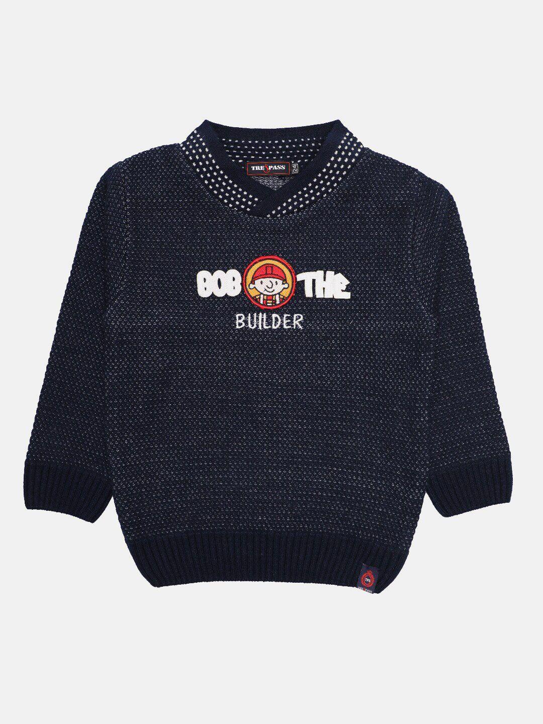 tre&pass boys navy blue & white printed woolen pullover