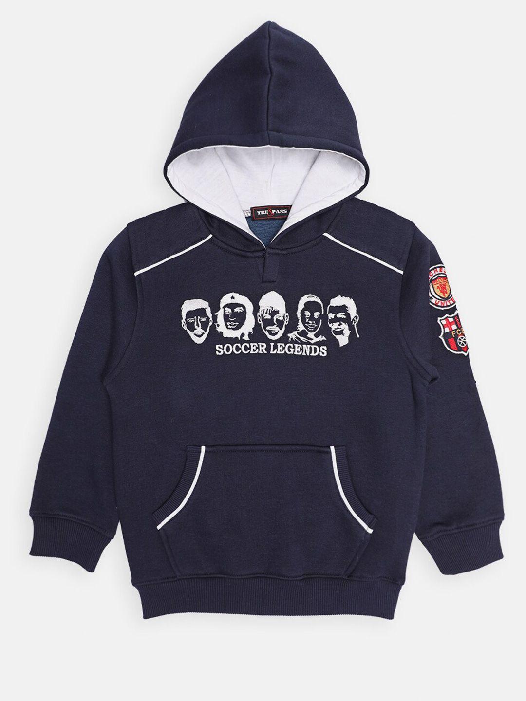 tre&pass boys navy blue printed hooded sweatshirt