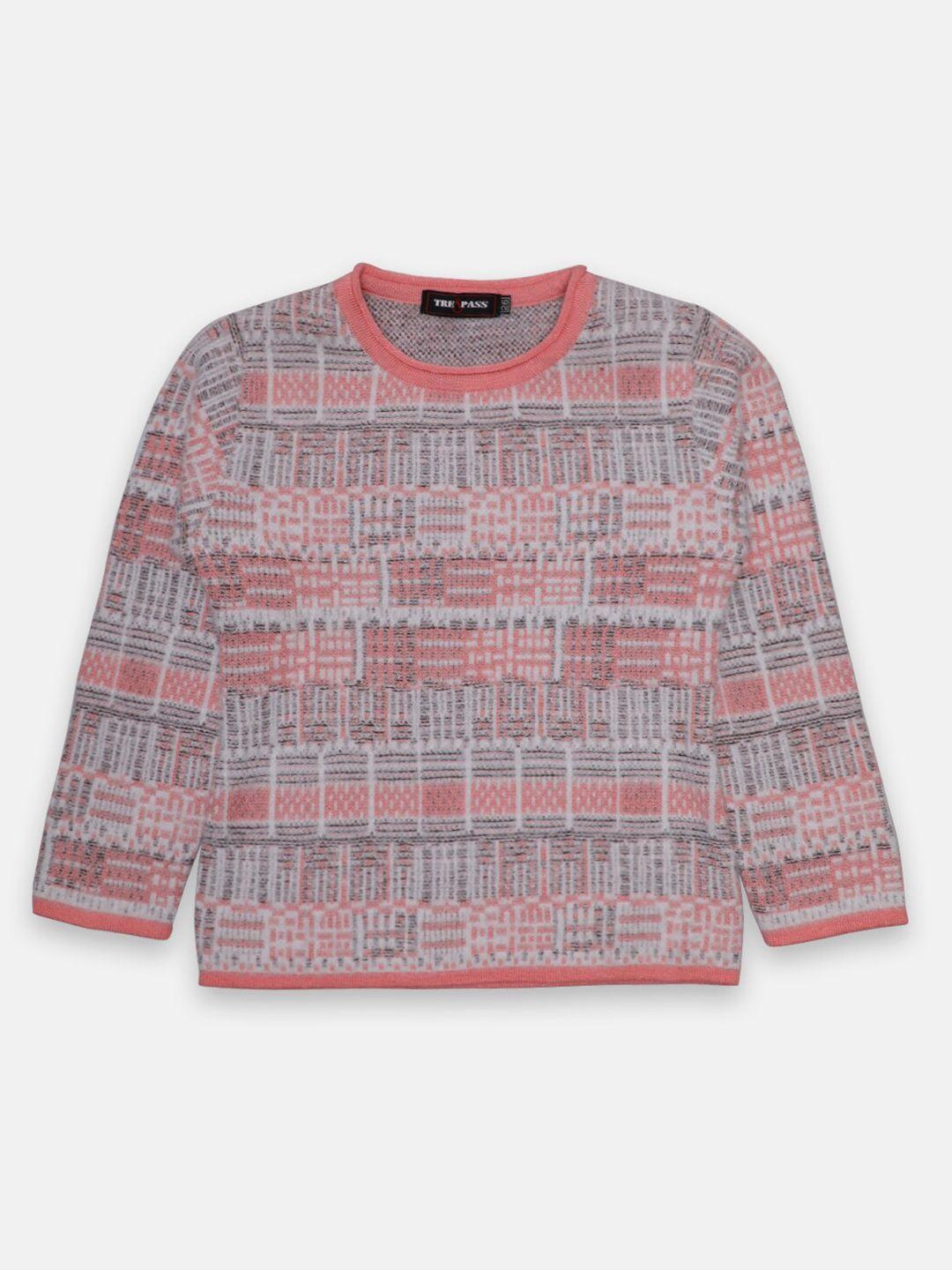 tre&pass boys peach-coloured & white printed woolen pullover