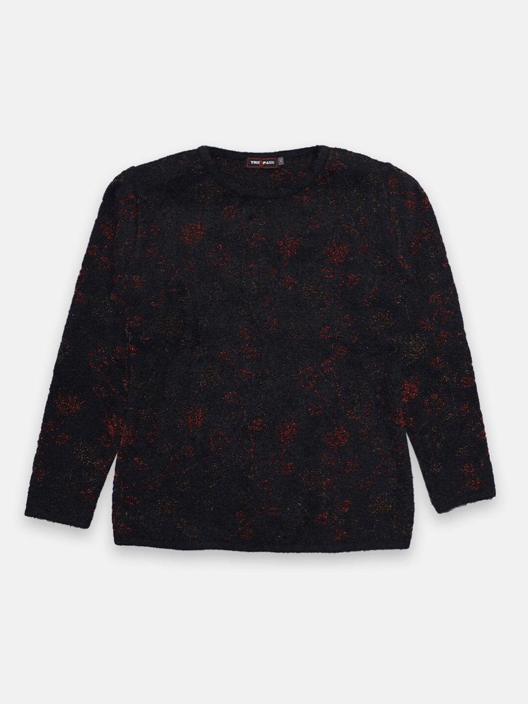 tre&pass girls black & red self design woolen winter pullover