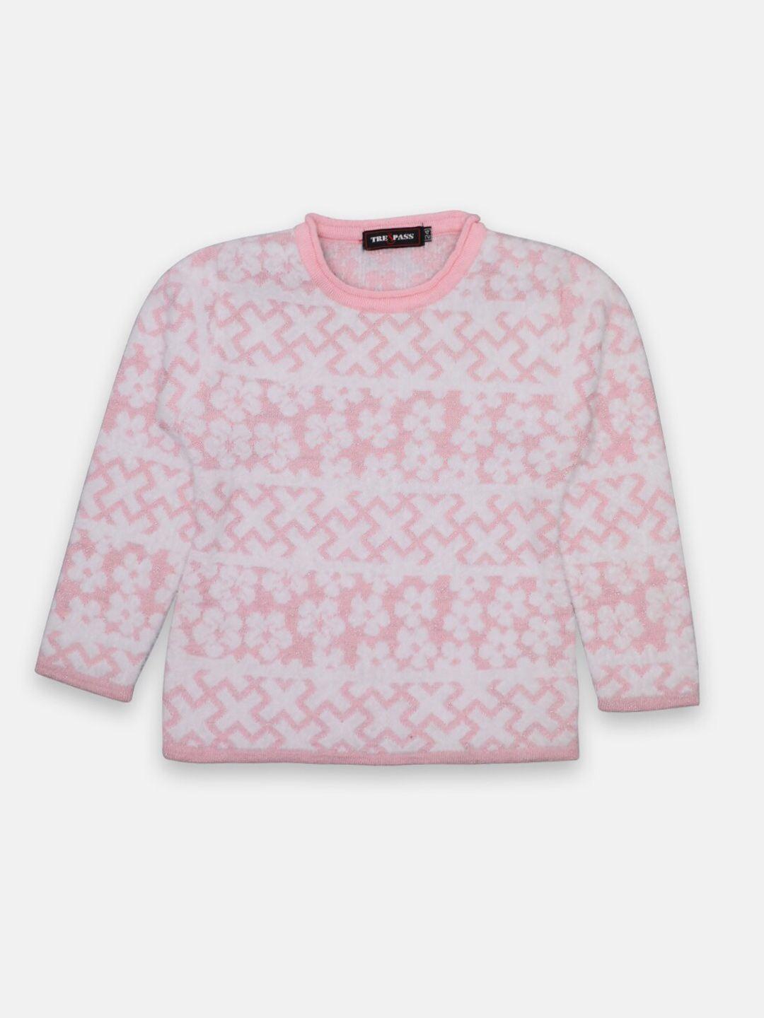 tre&pass girls pink and white woolen self design winter pullover