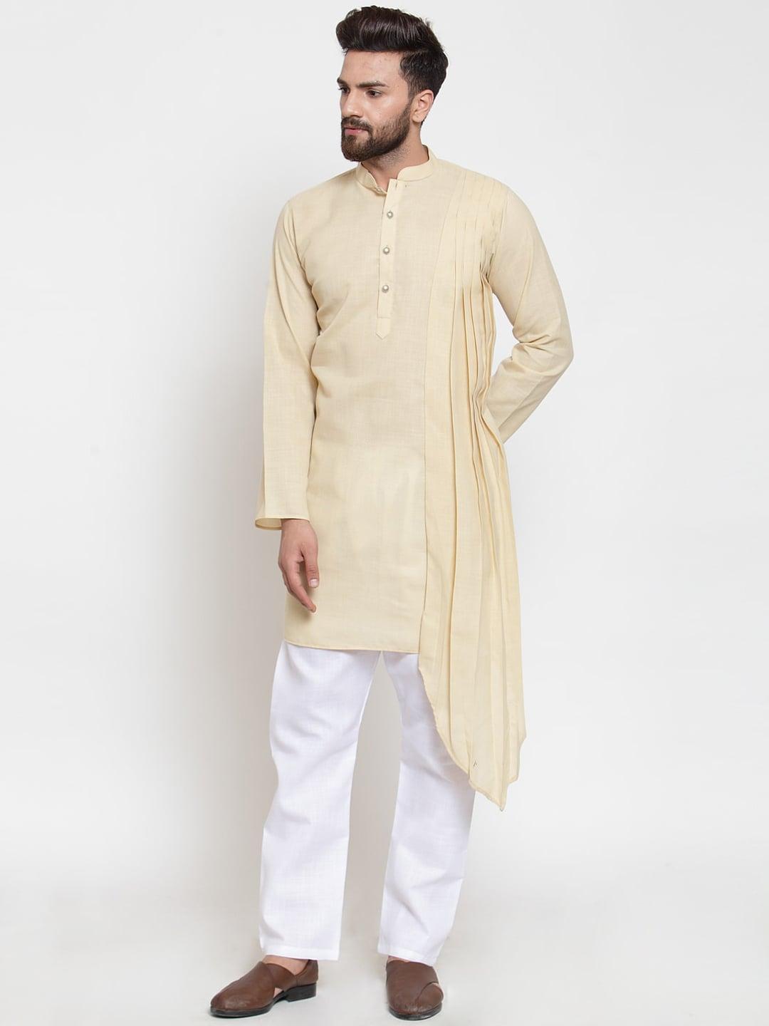 treemoda men beige pleated linen kurta with pyjamas