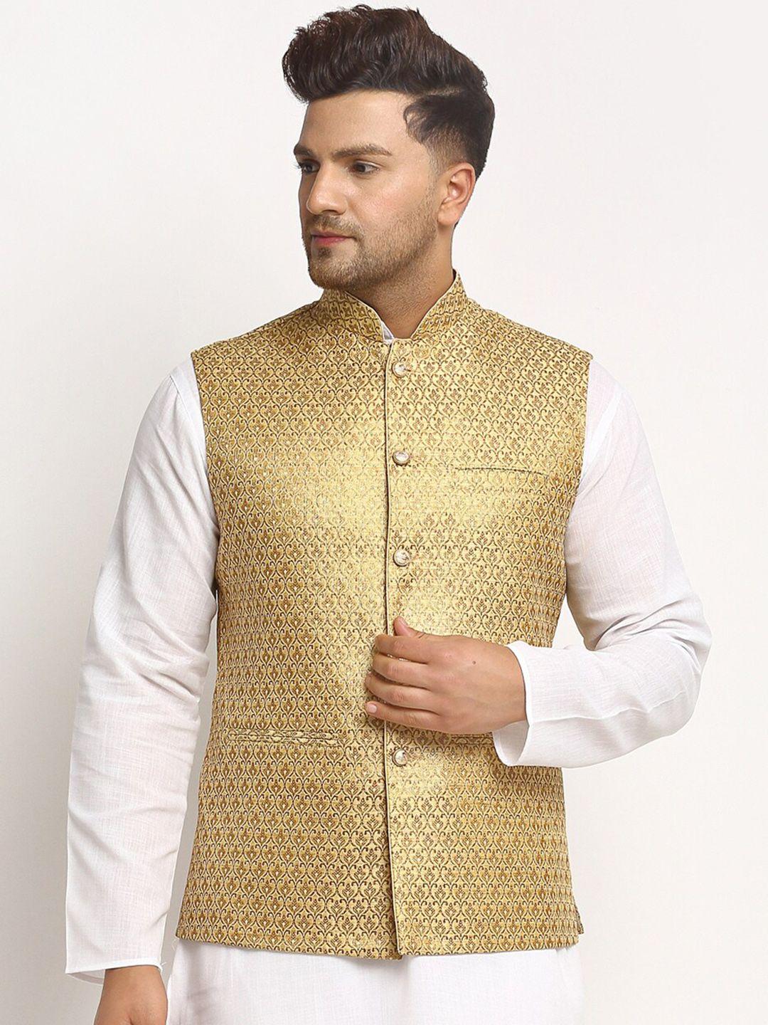 treemoda men gold coloured embellished woven nehru jacket