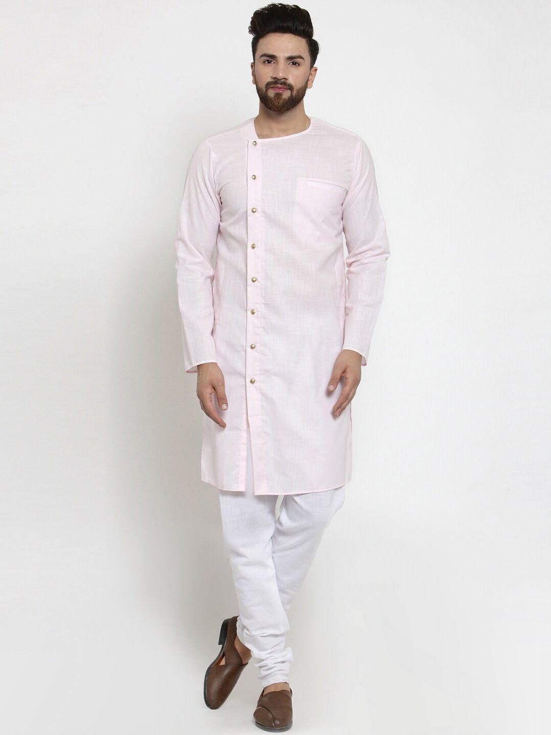 treemoda men pink & white panelled linen kurta with pyjamas