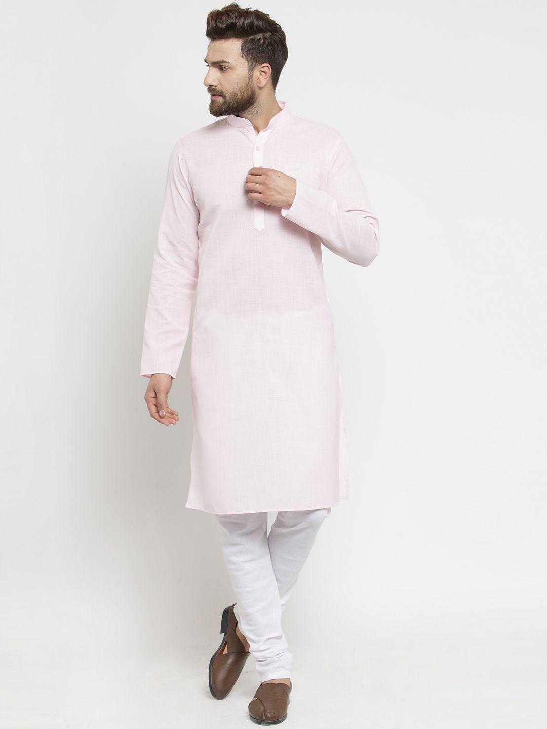 treemoda men pink & white solid straight kurta with pyjamas