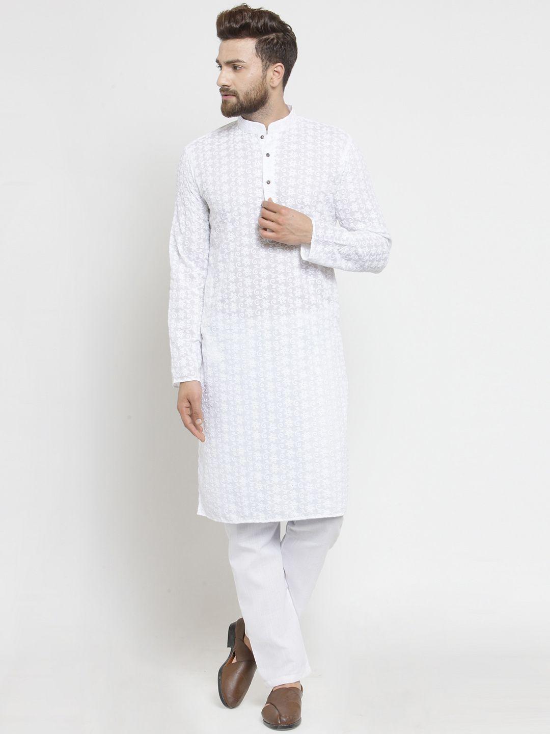 treemoda men white embroidered chikankari kurta with pyjamas