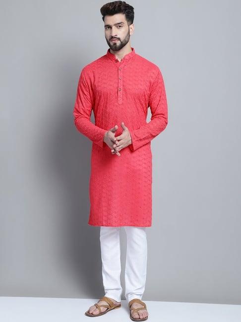 treemoda carrot red & white regular fit chikankari kurta bottom set