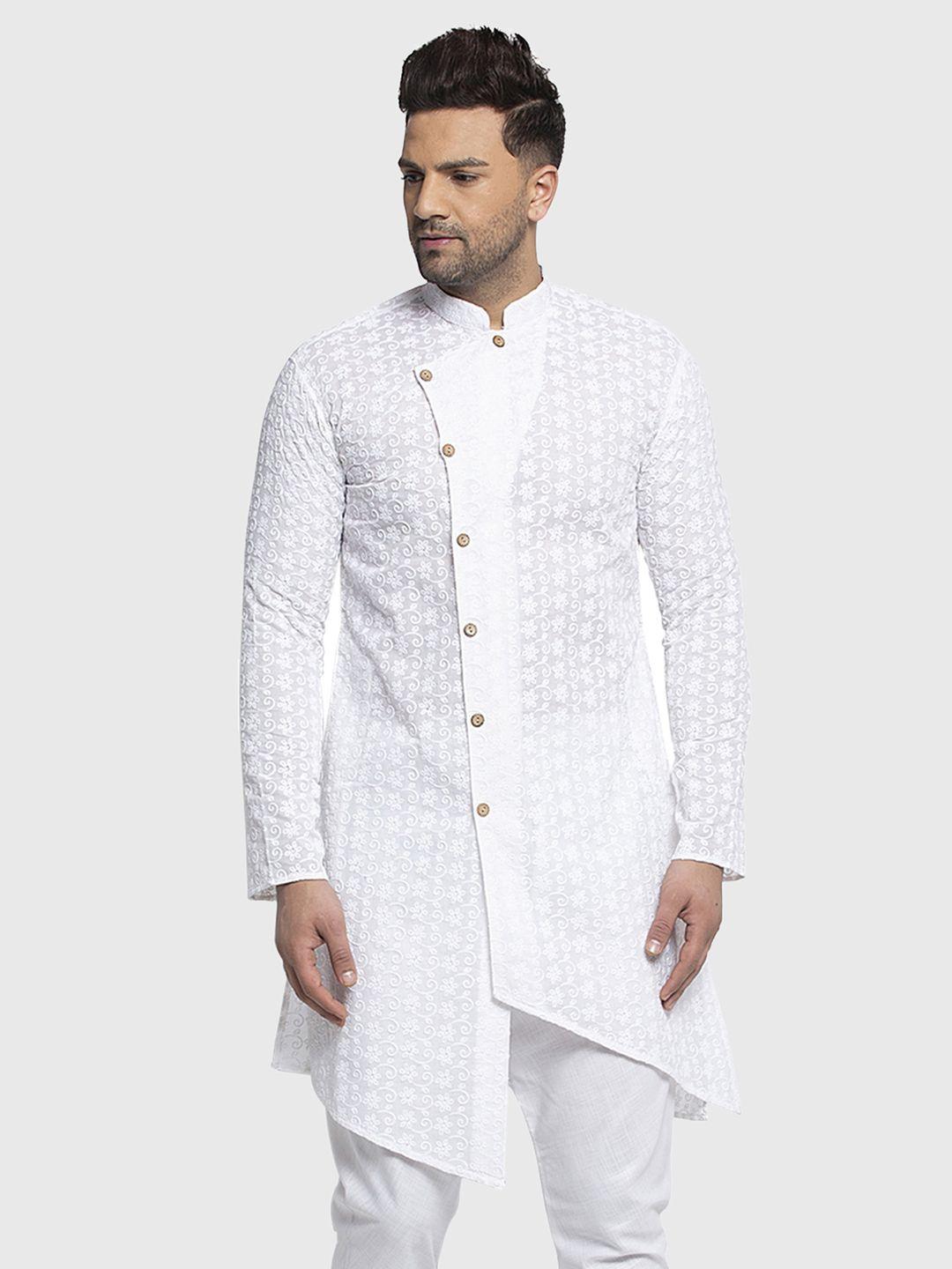 treemoda floral embroidered mandarin collar chikankari pure cotton a line kurta