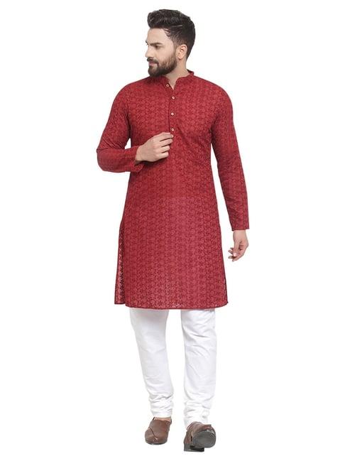 treemoda maroon & white cotton regular fit chikankari kurta bottom set