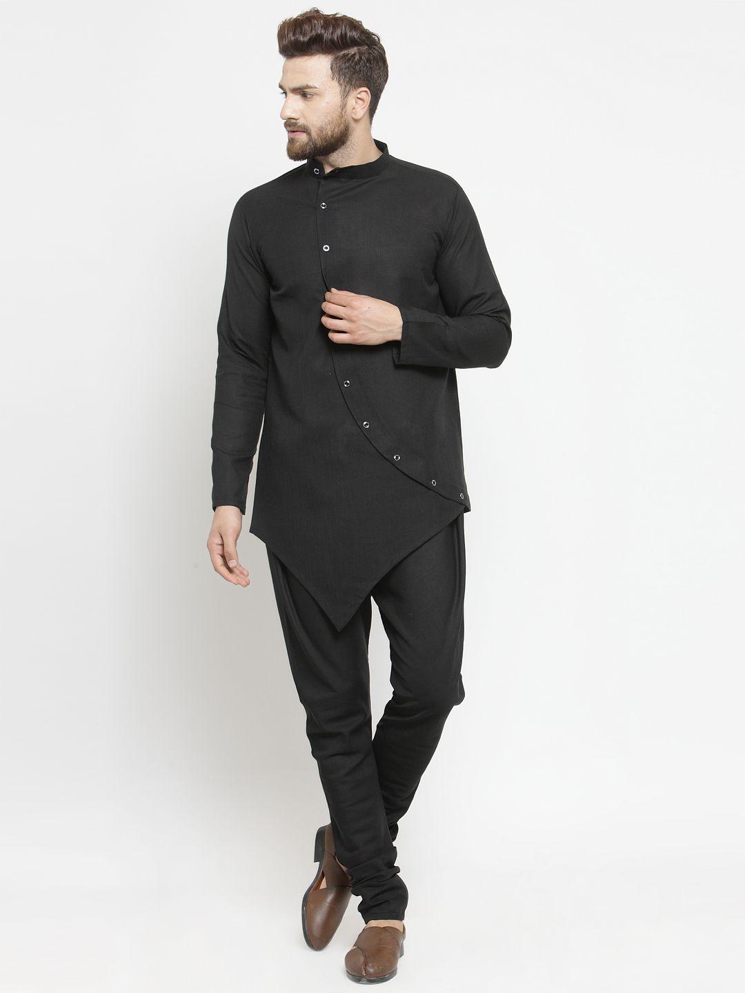 treemoda men black & black solid straight kurta