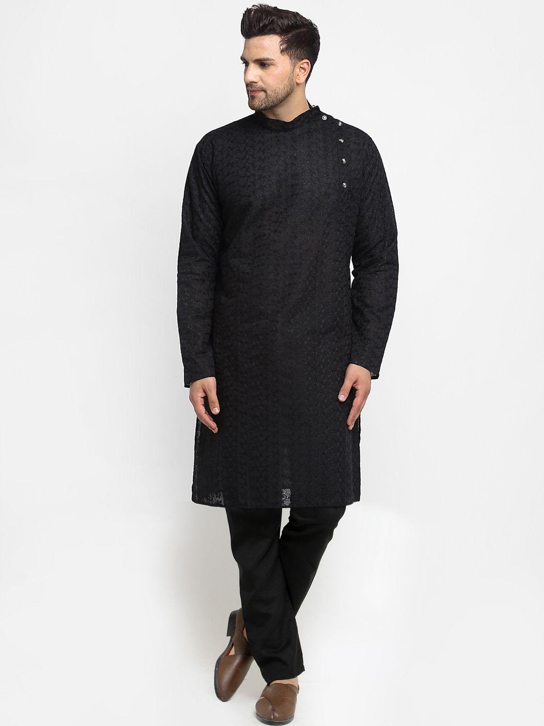 treemoda men black floral chikankari embroidered pure cotton linen kurta with pyjamas