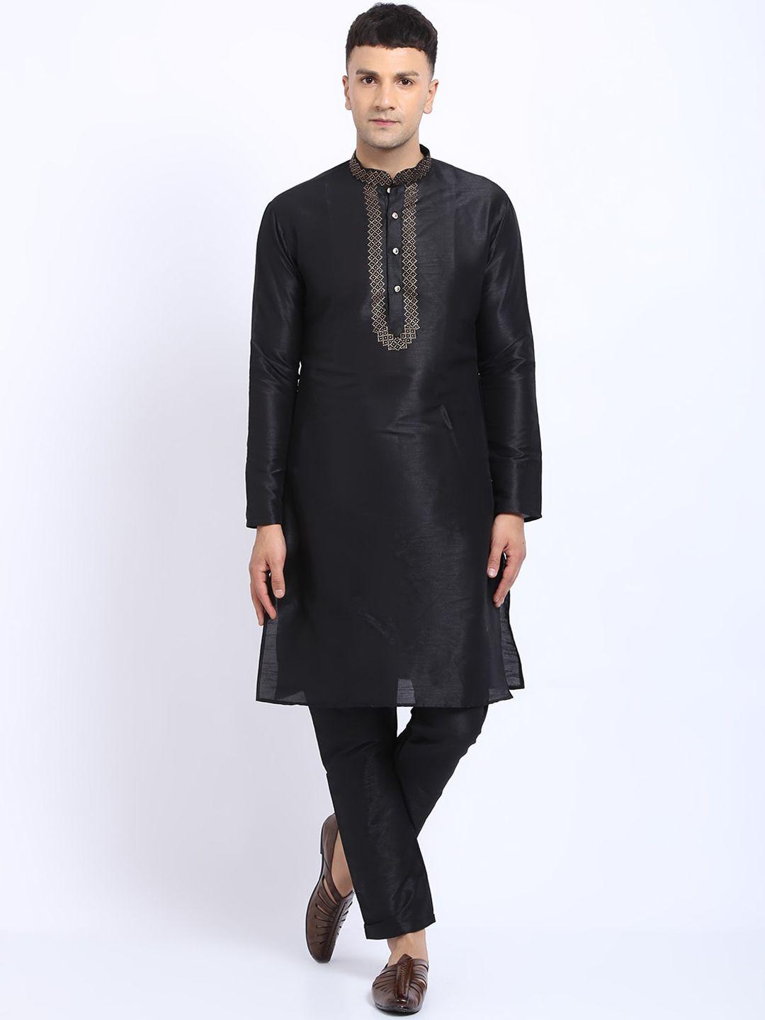 treemoda men black yoke design regular beads and stones raw silk kurta with pyjamas