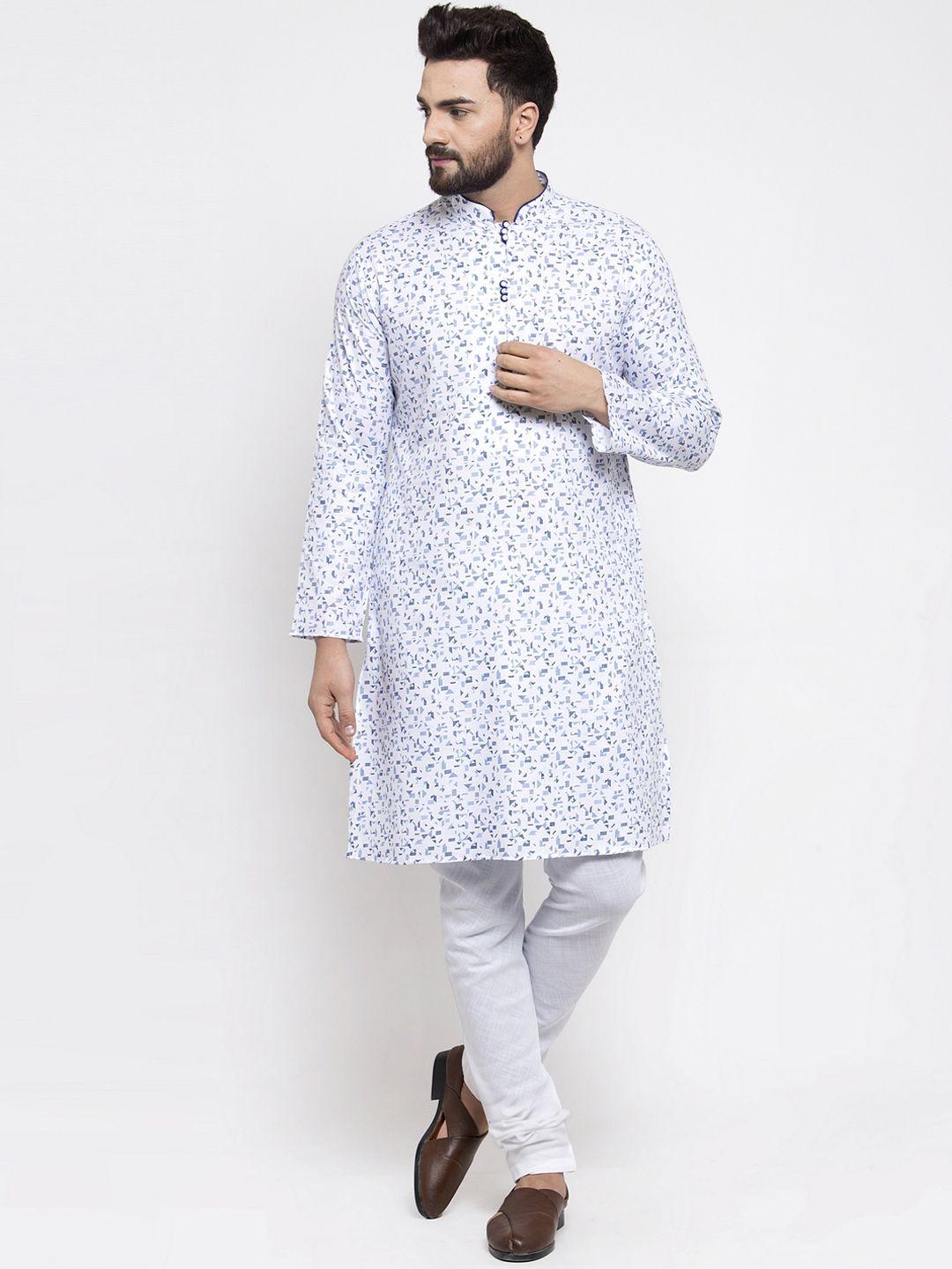 treemoda men blue & white printed kurta with churidar