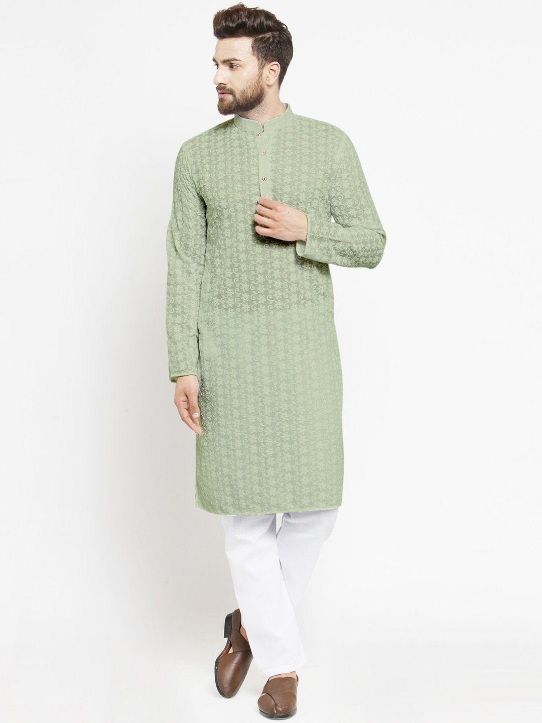 treemoda men green ethnic motifs embroidered chikankari pure cotton kurta with pyjamas