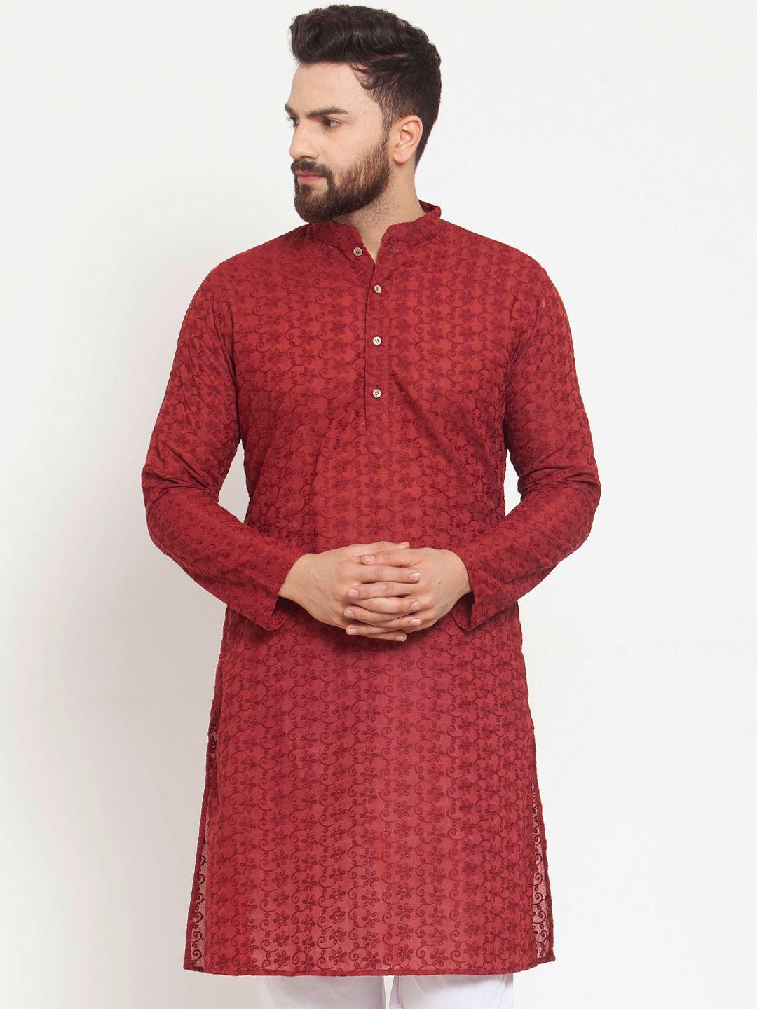 treemoda men maroon embroidered chikankari straight cotton kurta