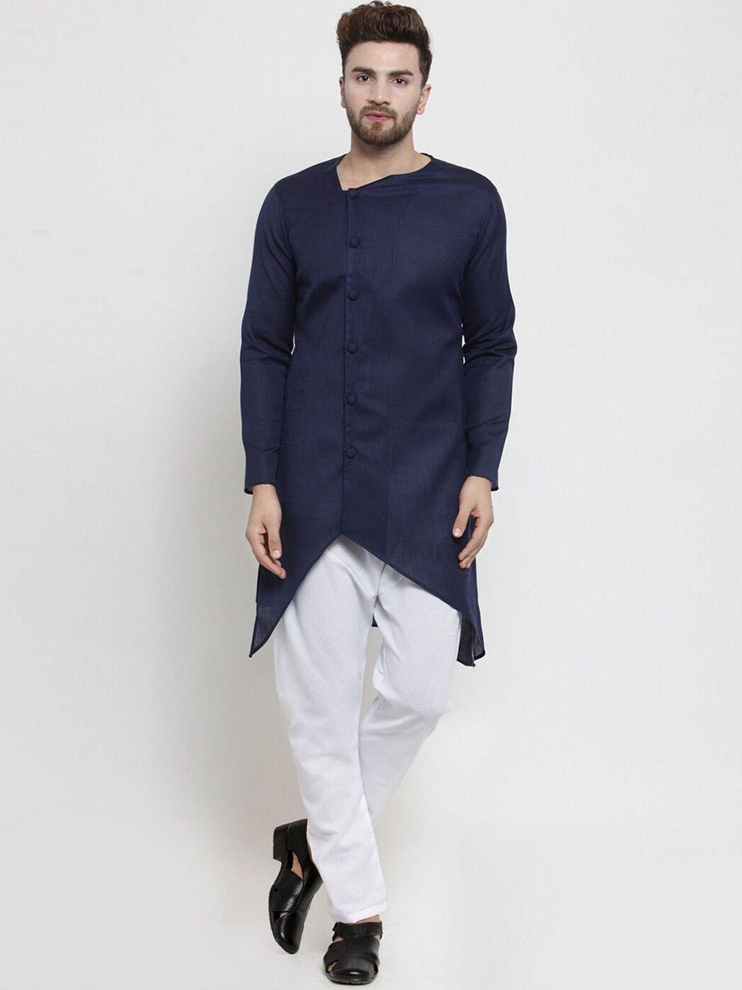 treemoda men navy blue regular linen kurta with pyjamas