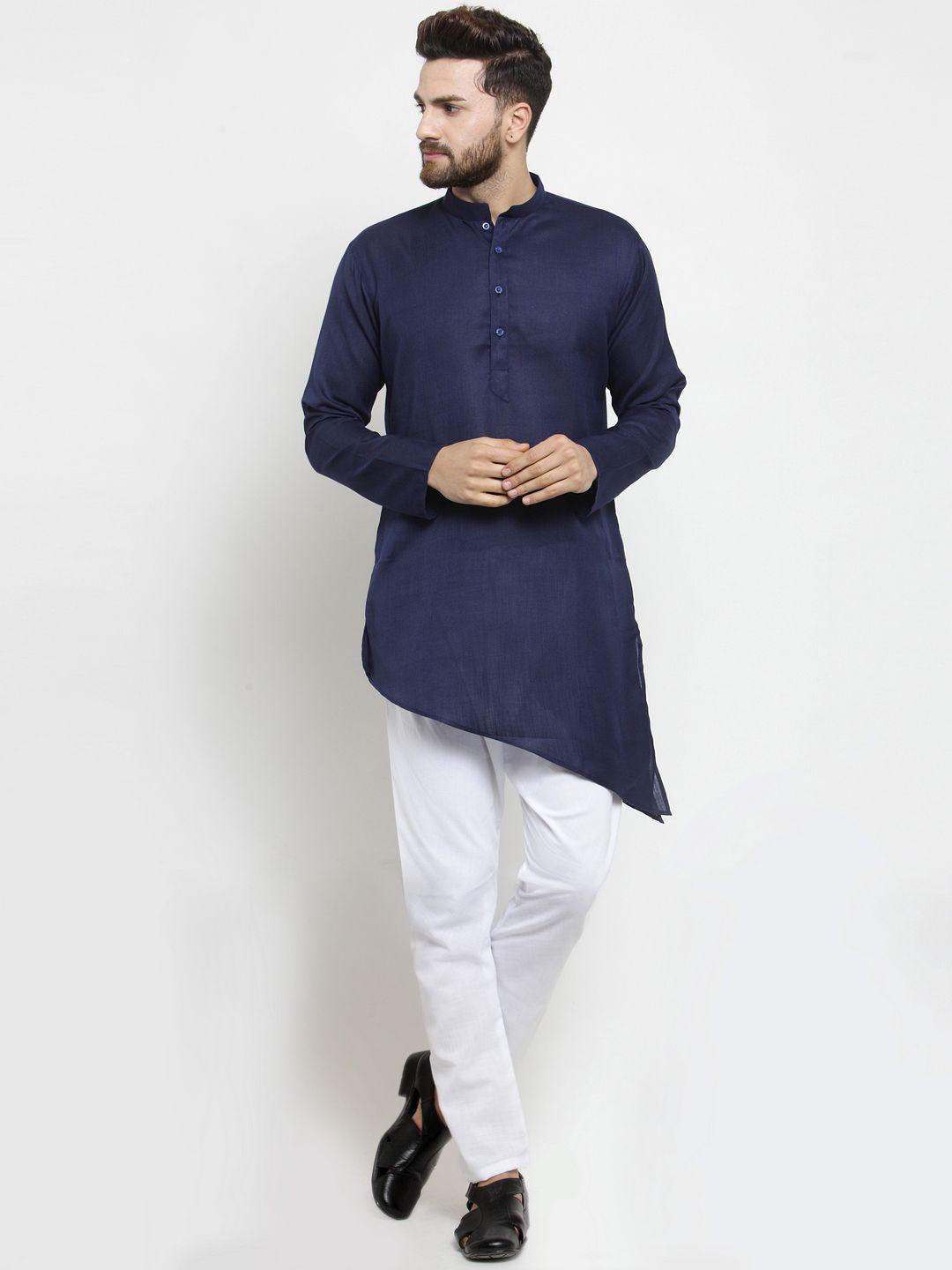 treemoda men navy blue solid linen straight kurta