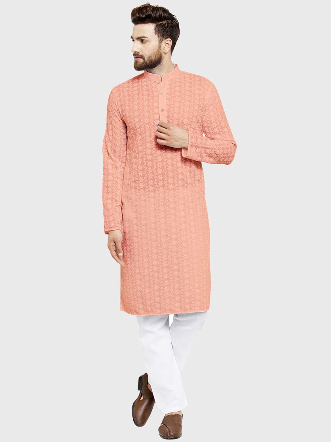 treemoda men peach-coloured ethnic motifs embroidered regular thread work pure cotton kurta with pyjamas