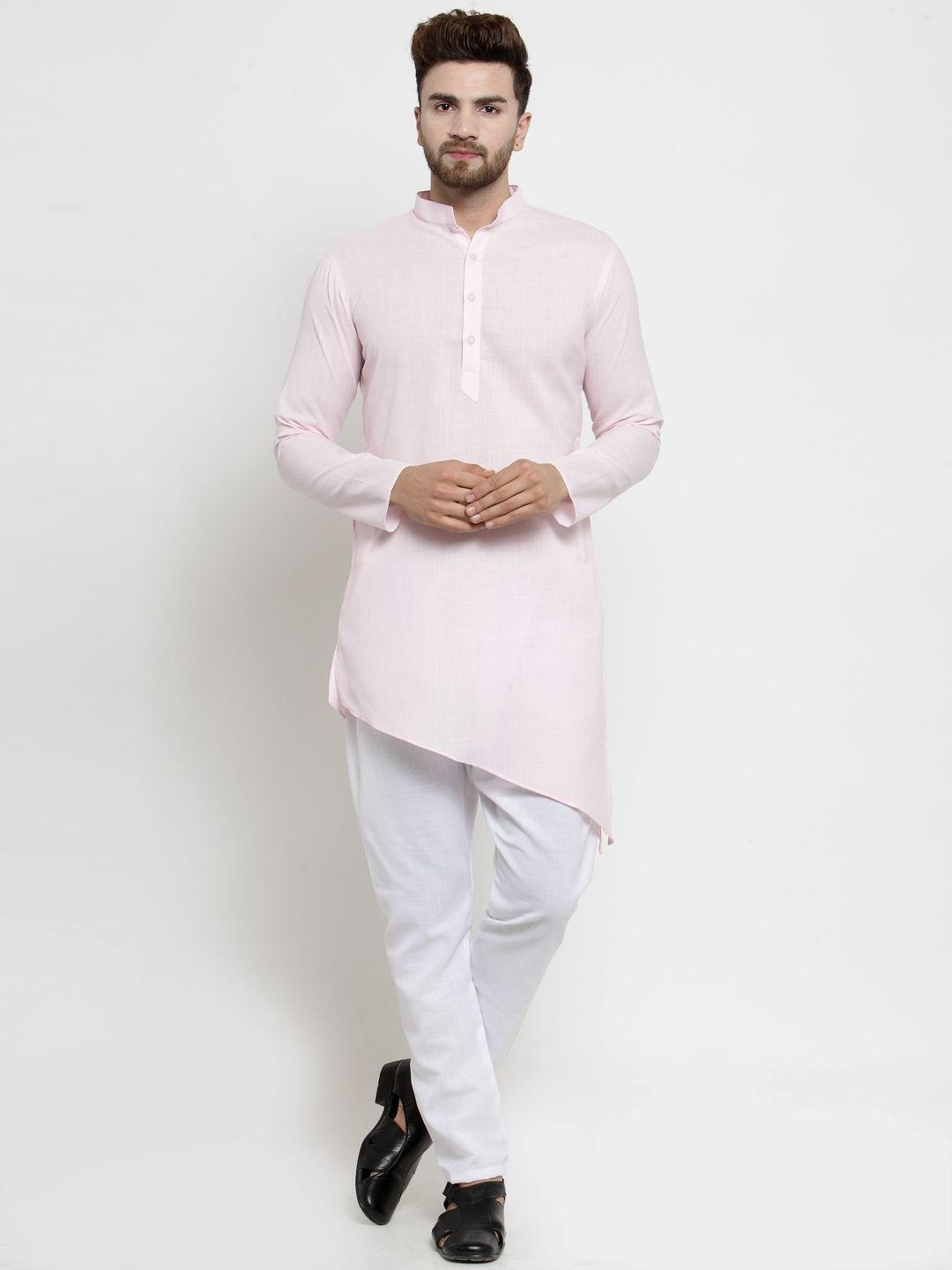 treemoda men pink solid straight linen kurta