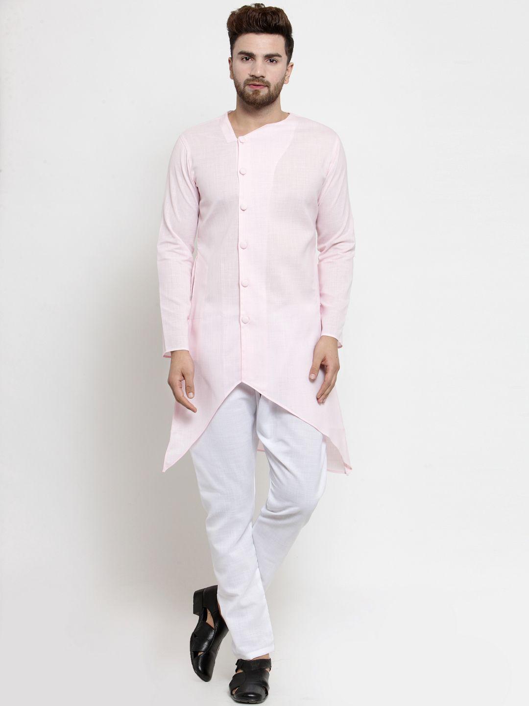 treemoda men pink solid straight linen kurta