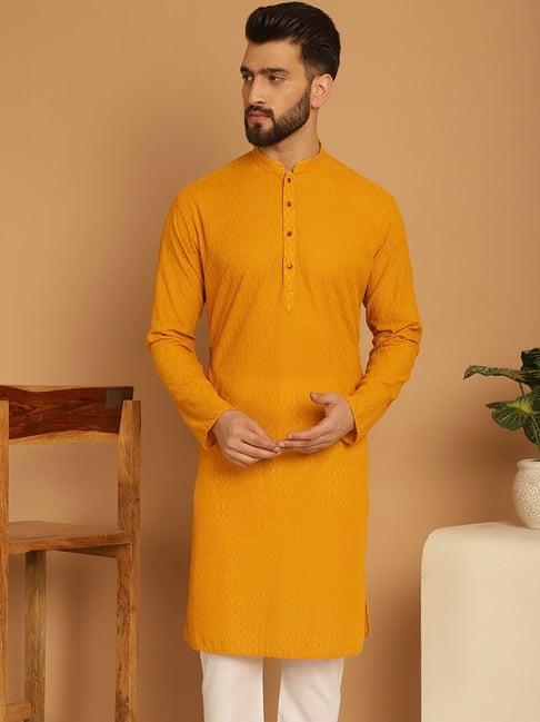 treemoda mustard yellow cotton regular fit chikankari kurta