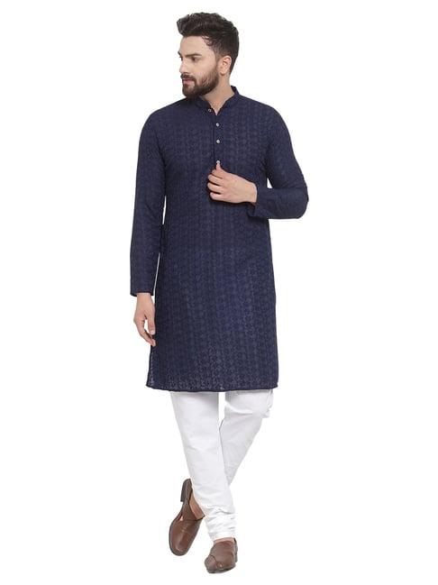 treemoda navy blue & white cotton regular fit chikankari kurta bottom set