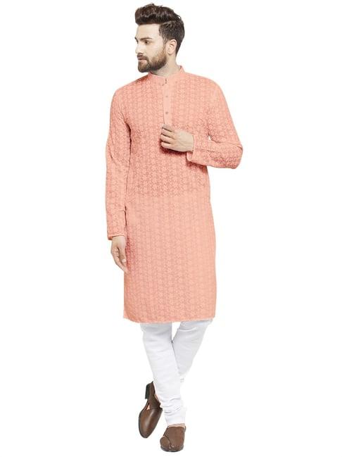 treemoda salmon pink & white cotton regular fit chikankari kurta bottom set