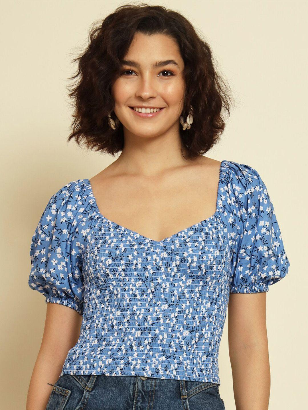 trend arrest blue floral print puff sleeve styled back top