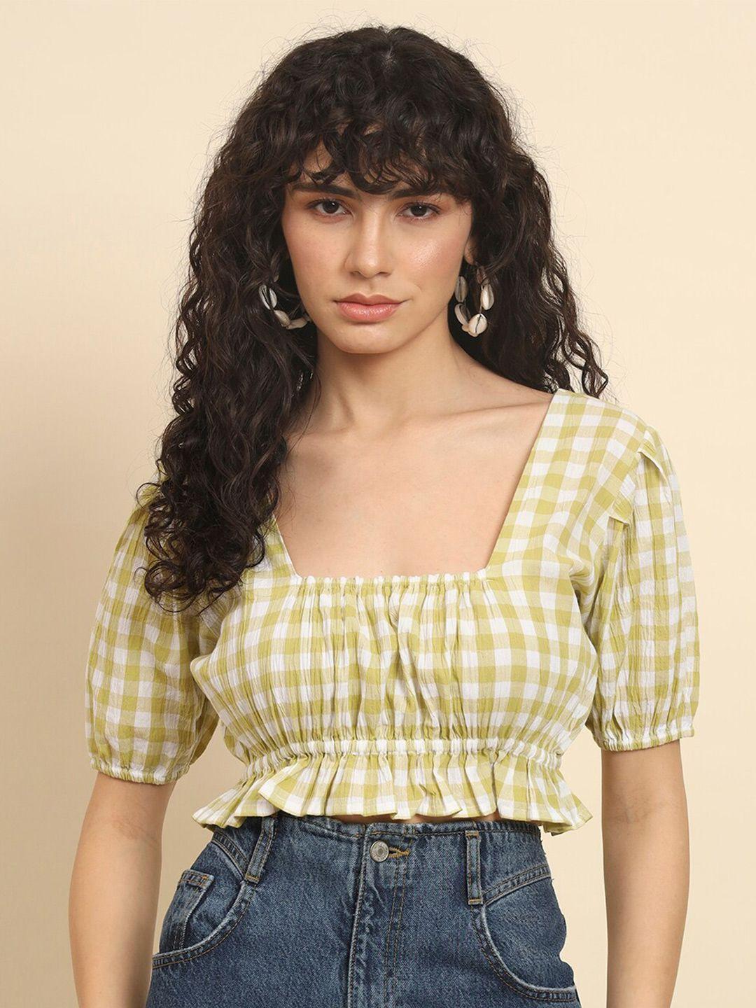 trend arrest checked puff sleeves crop top