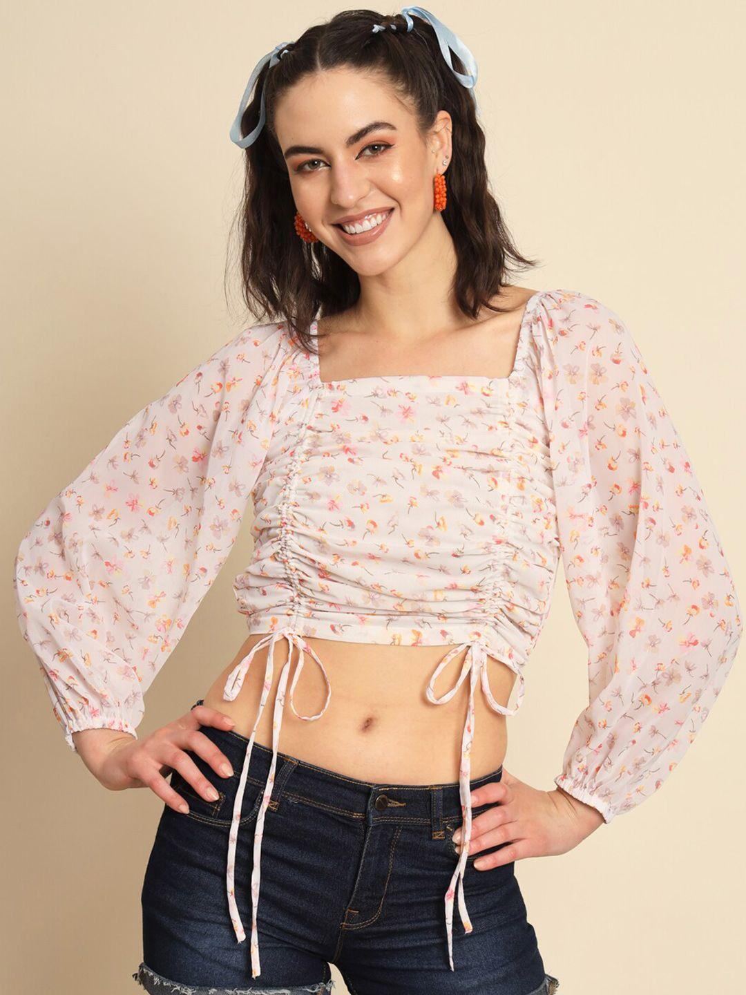 trend arrest floral printed square neck puff sleeve ruched georgette crop top