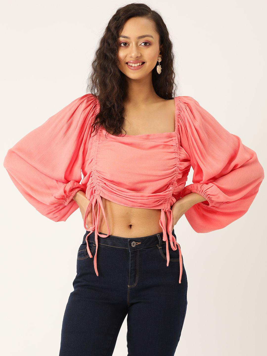 trend arrest peach-coloured puff sleeves ruched crop top