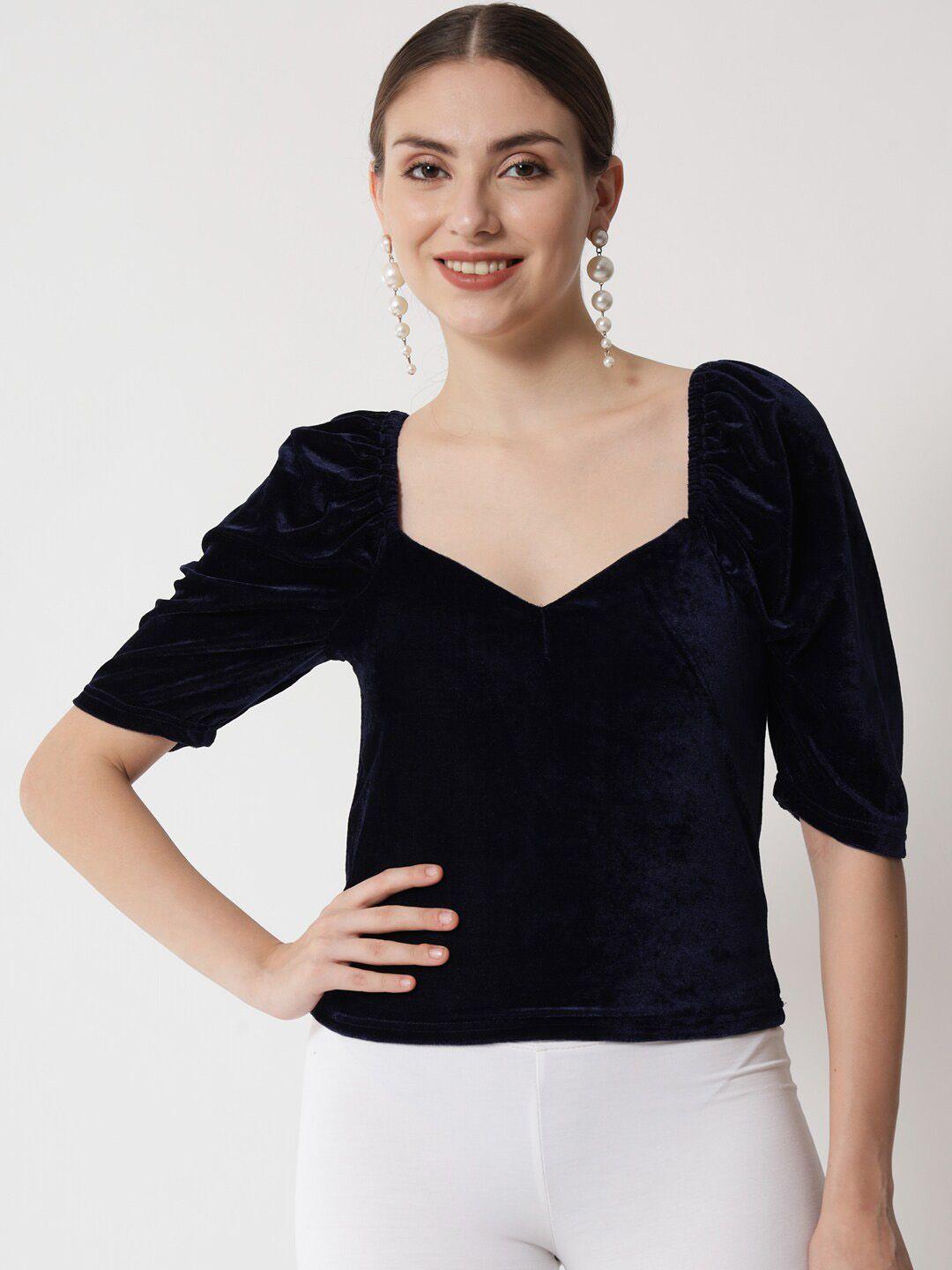 trend arrest square neck puffed sleeves velvet fitted top