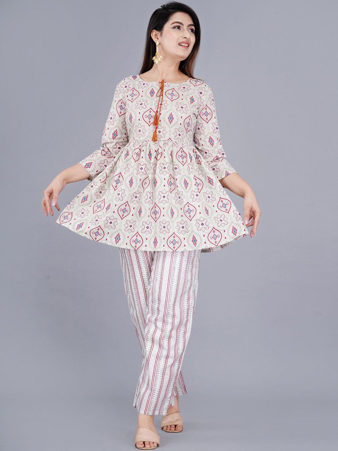 trend me women cream-coloured printed pure cotton tunic with palazzos