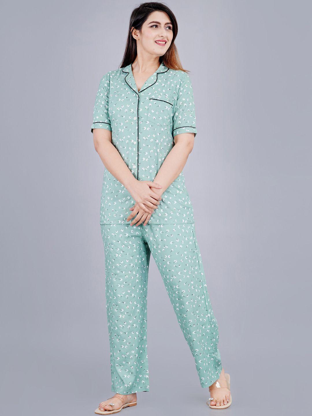 trend me women green & white printed night suit
