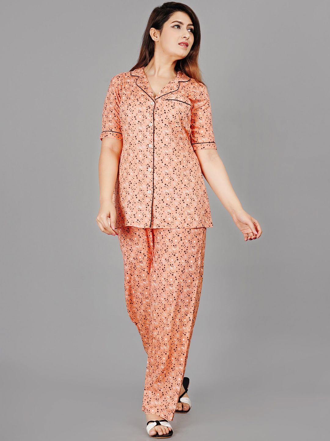 trend me women peach-coloured & white printed night suit