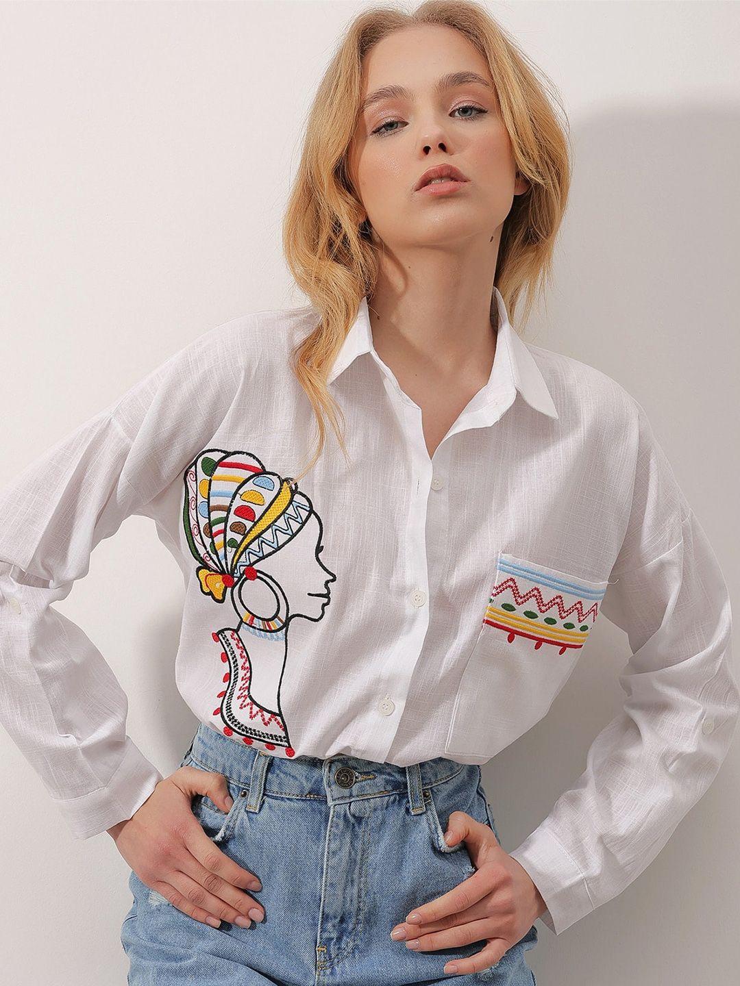 trend alacati stili embroidered pure cotton casual longline shirt