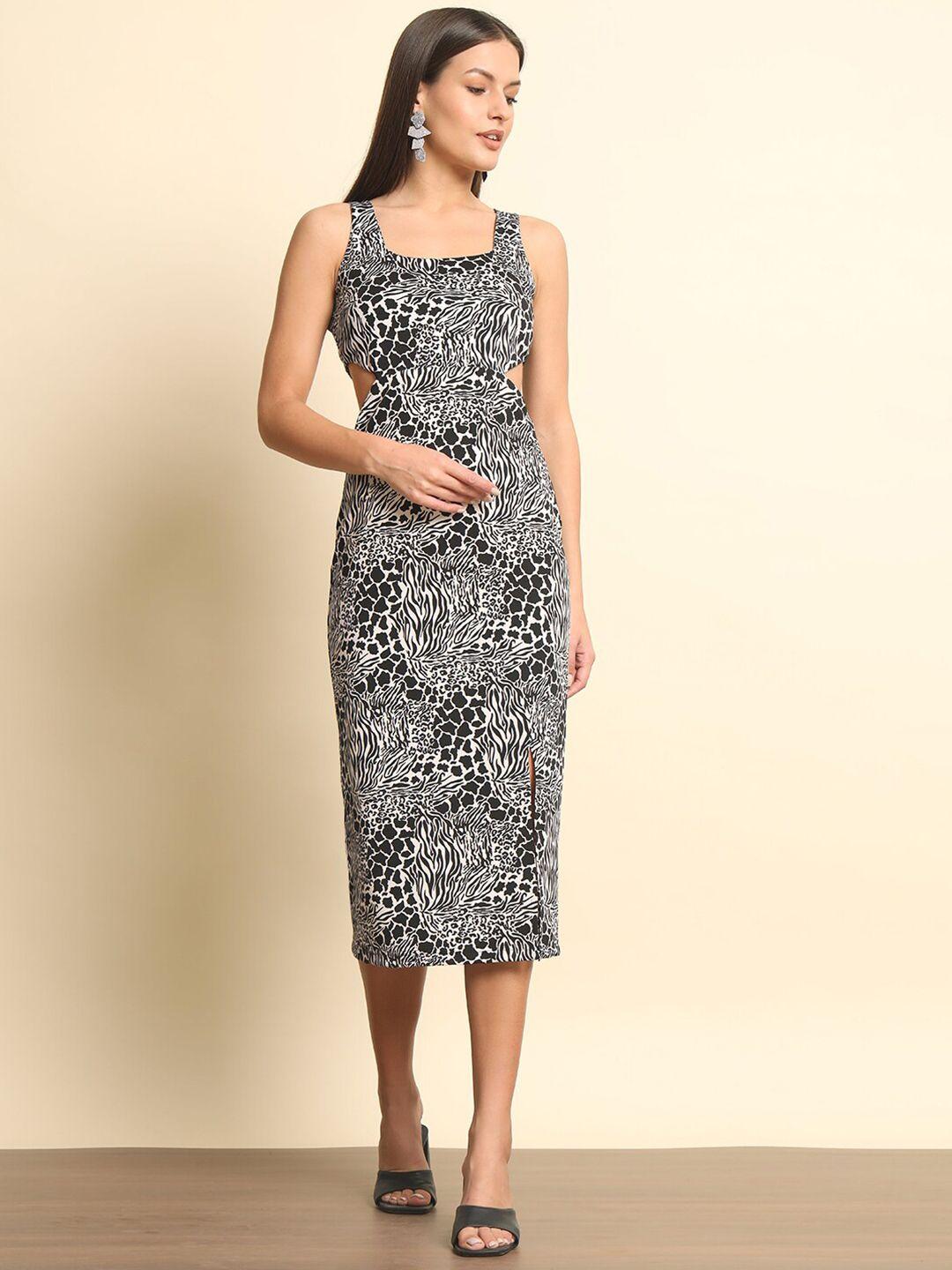 trend arrest abstract printed cut-outs sheath midi dress