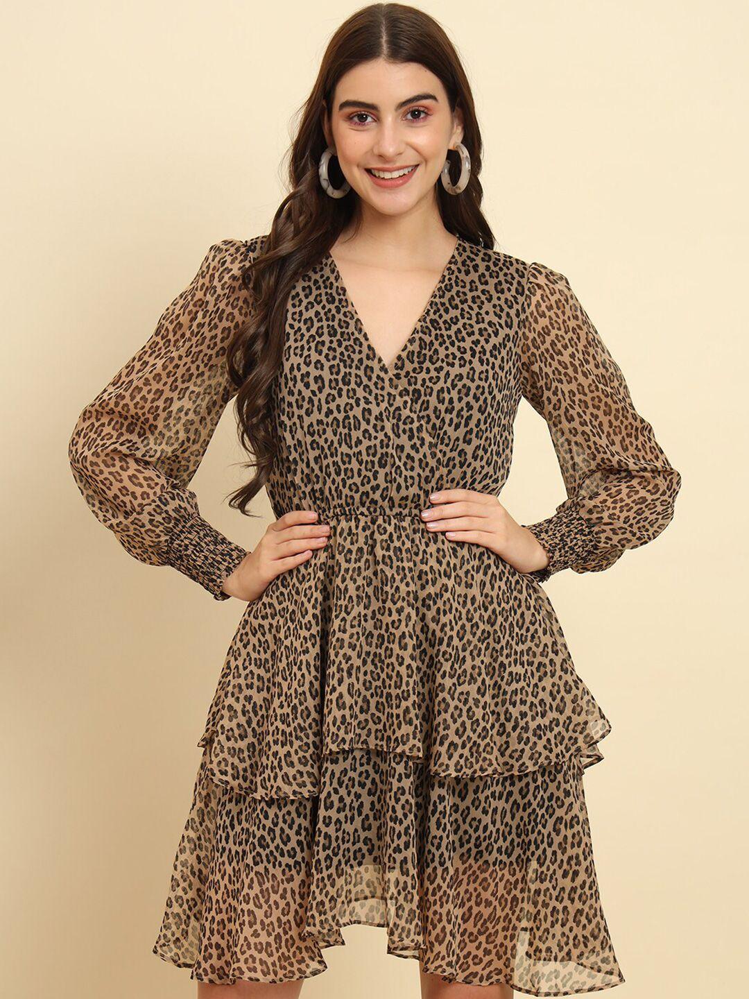trend arrest animal printed v-neck cuffed sleeves layered fit & flare dress