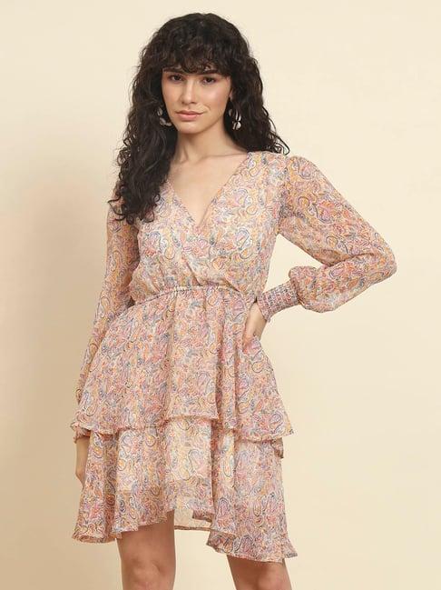 trend arrest beige paisley print a line dress