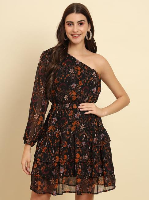 trend arrest black floral print fit & flare dress